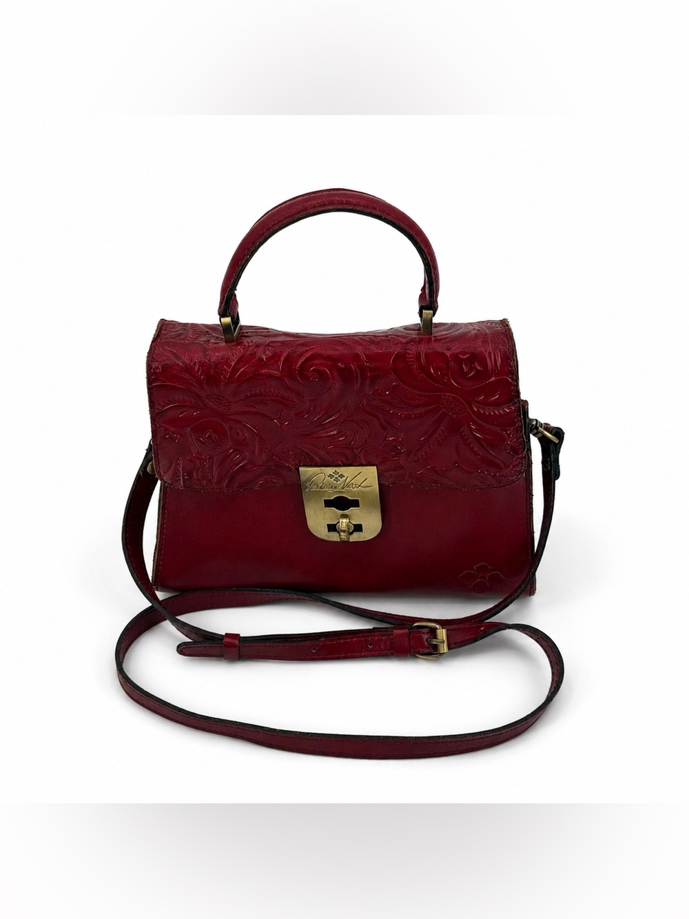 Patricia Nash Tooled Leather Top Handle Crossbody Satchel Burgundy Floral Bag - Picture 3 of 16